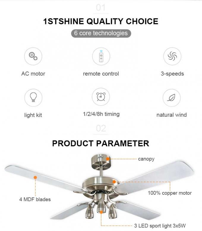 Soundless 50HZ Living Room Ceiling Fan With Light Four MDF Blade