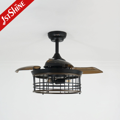 36 Inch LED Ceiling Fan Steel Cage E27*3 Bulb Retractable Blade Indoor Industrial Retro